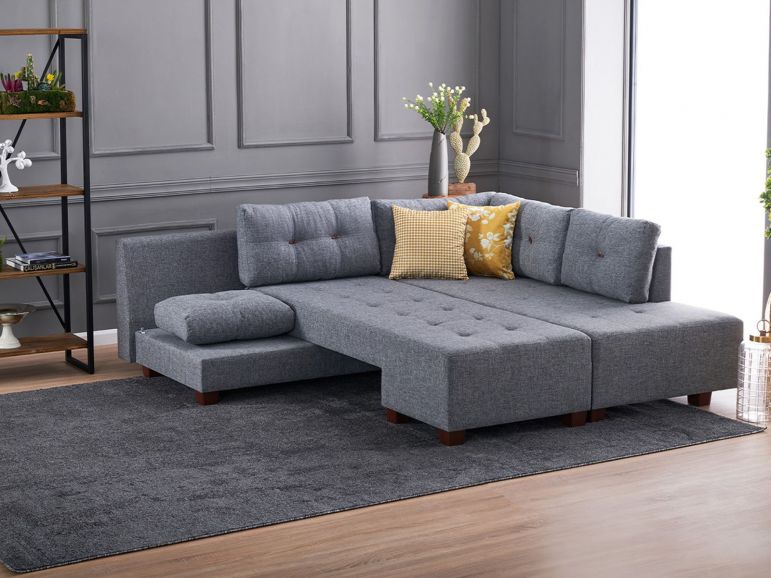 Converteerbare Hoekbank MANDALA met Longchair Rechts Grijs - Afbeelding 2