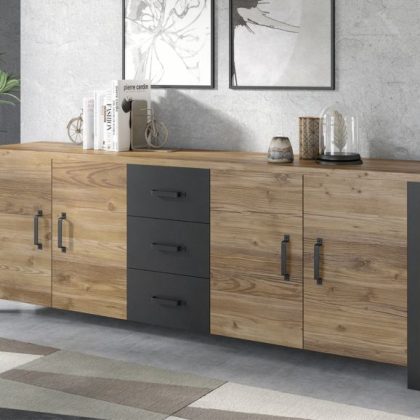 Dressoir Olianne 4 deuren 3 lades Appenzeller Sparren/Zwart