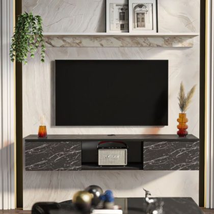 TV-meubel Eliame met wandplank Marmer/Zwart
