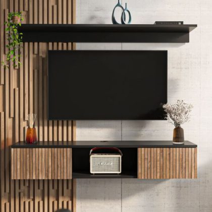 TV-meubel Eliame met wandplank Walnoot/Zwart